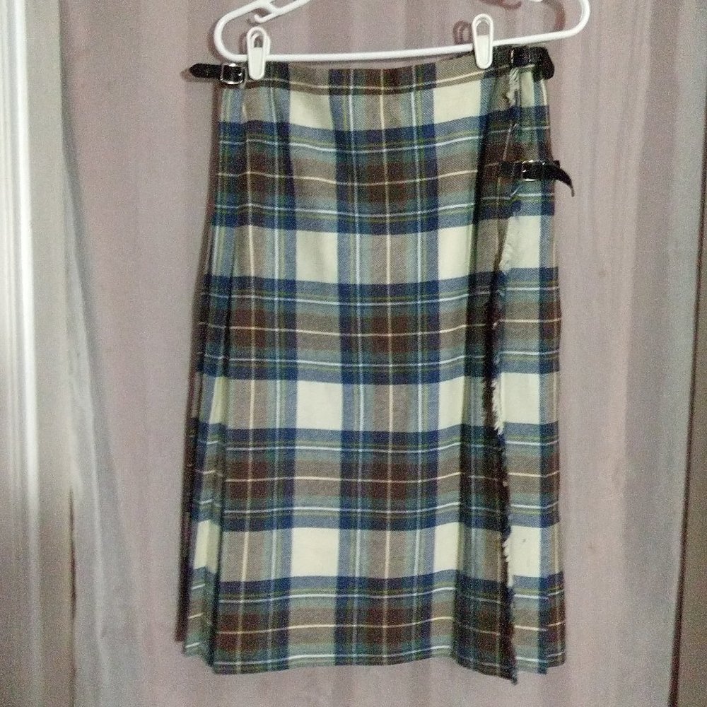 Scottish Tartan Skirt Blue Brown Plaid Buckles Leather Straps 10-12US  33" Waist